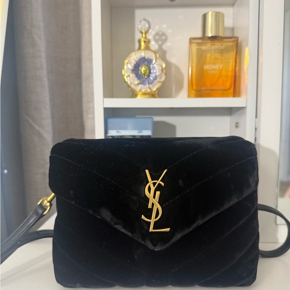 Yves Saint Laurent Black Velvet Crossbody with Gold Logo - Picture 1 of 7